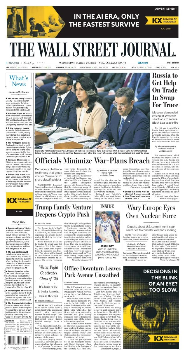 Portada de The Wall Street Journal del miércoles, 26 de marzo de 2025
