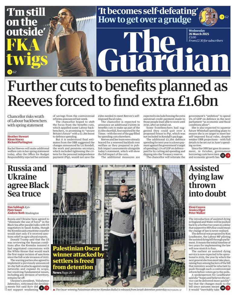 Portada de The Guardian (reino Unido) del miércoles, 26 de marzo de 2025