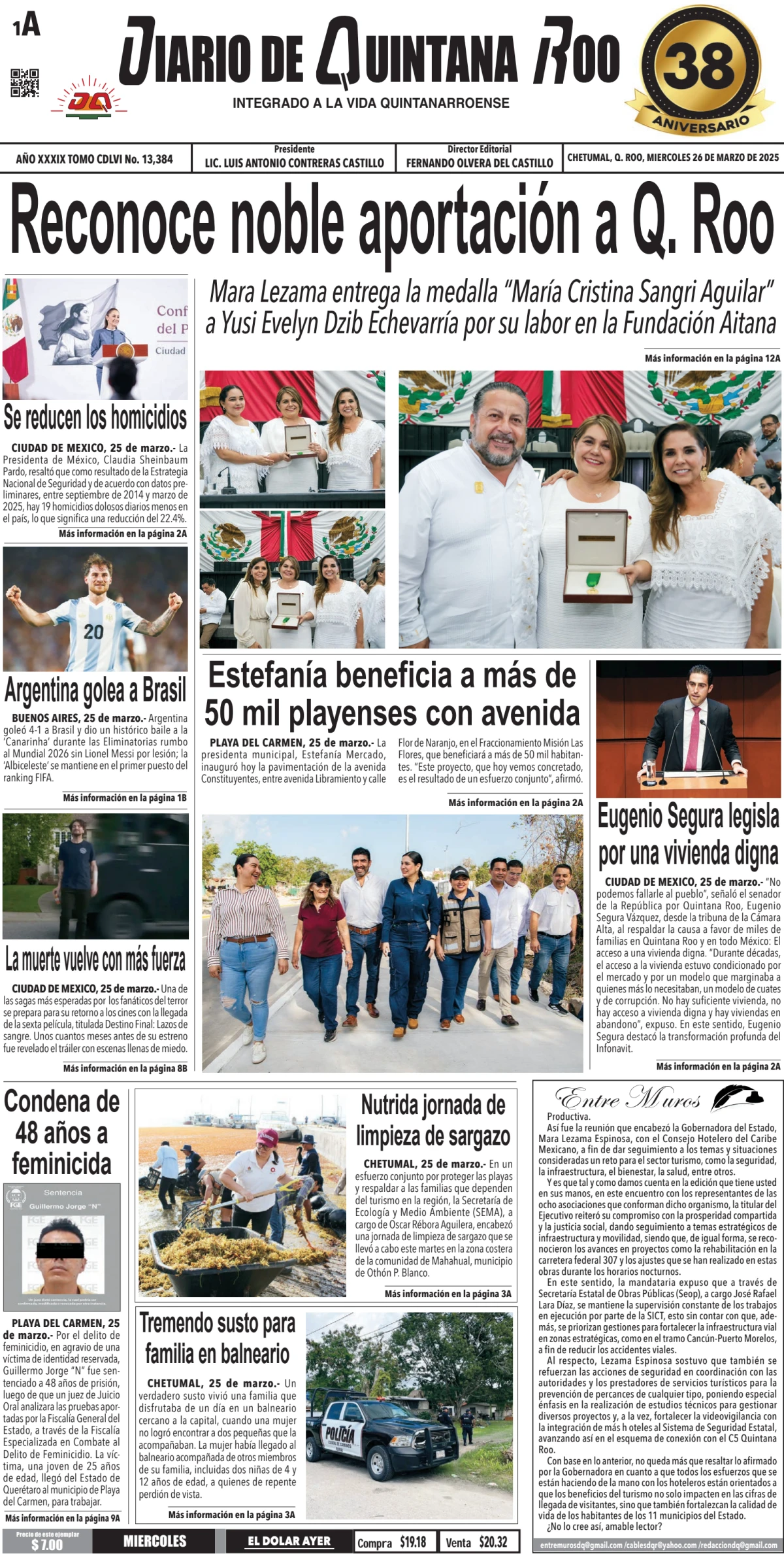 Portada de Diario de Quintana Roo (portada) del miércoles, 26 de marzo de 2025