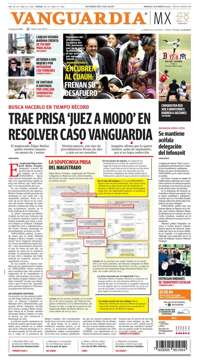 Portada de Vanguardia del miércoles, 26 de marzo de 2025