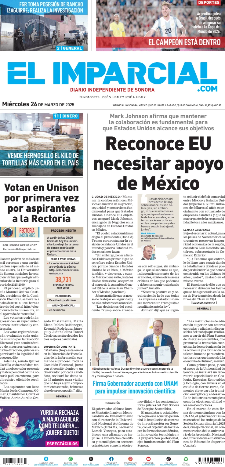 Portada de El Imparcial del miércoles, 26 de marzo de 2025