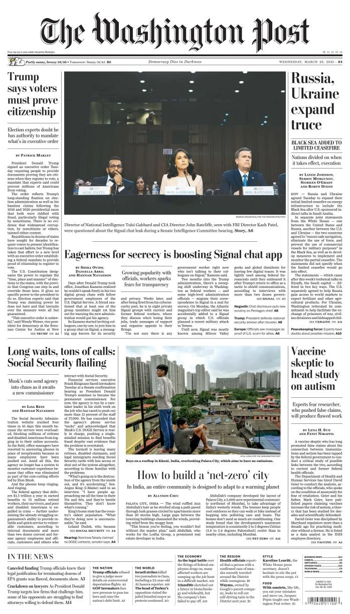 Portada de The Washington Post del miércoles, 26 de marzo de 2025