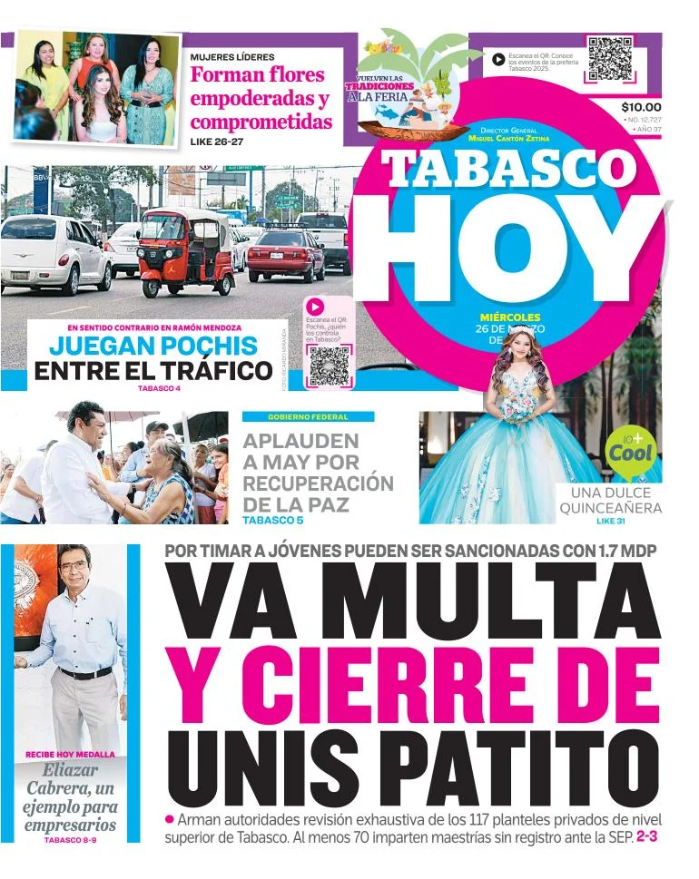 Portada de Tabasco Hoy del miércoles, 26 de marzo de 2025