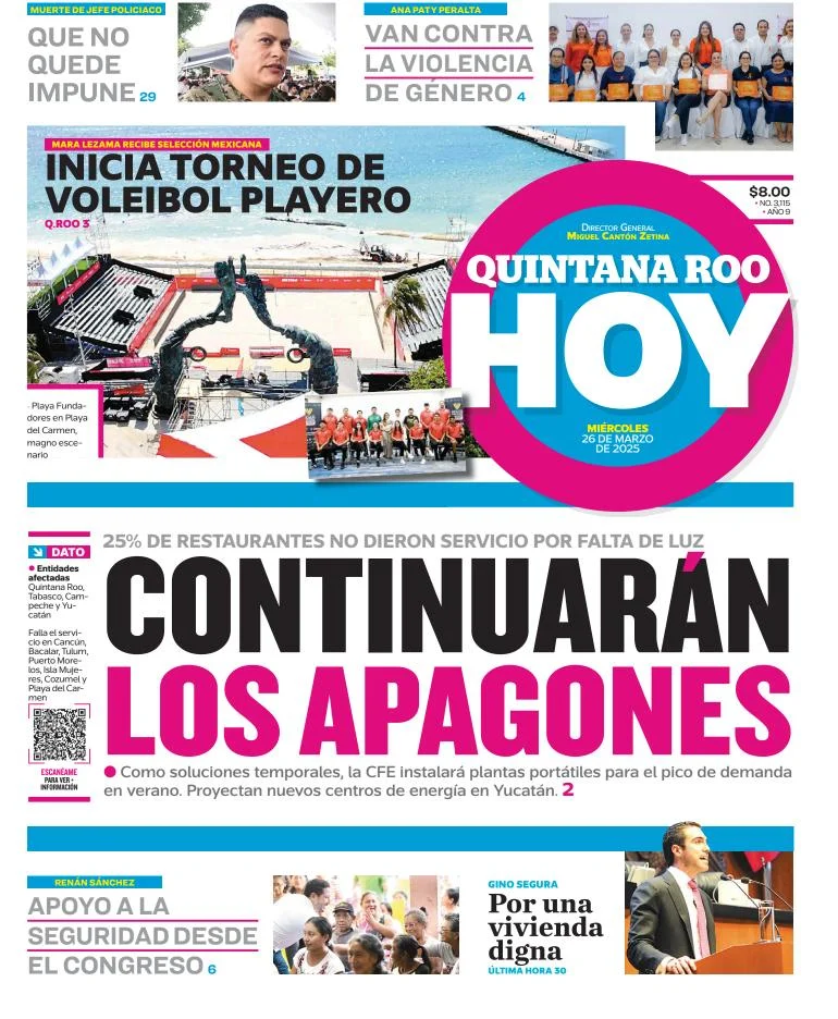 Portada de Quintana Roo Hoy del miércoles, 26 de marzo de 2025