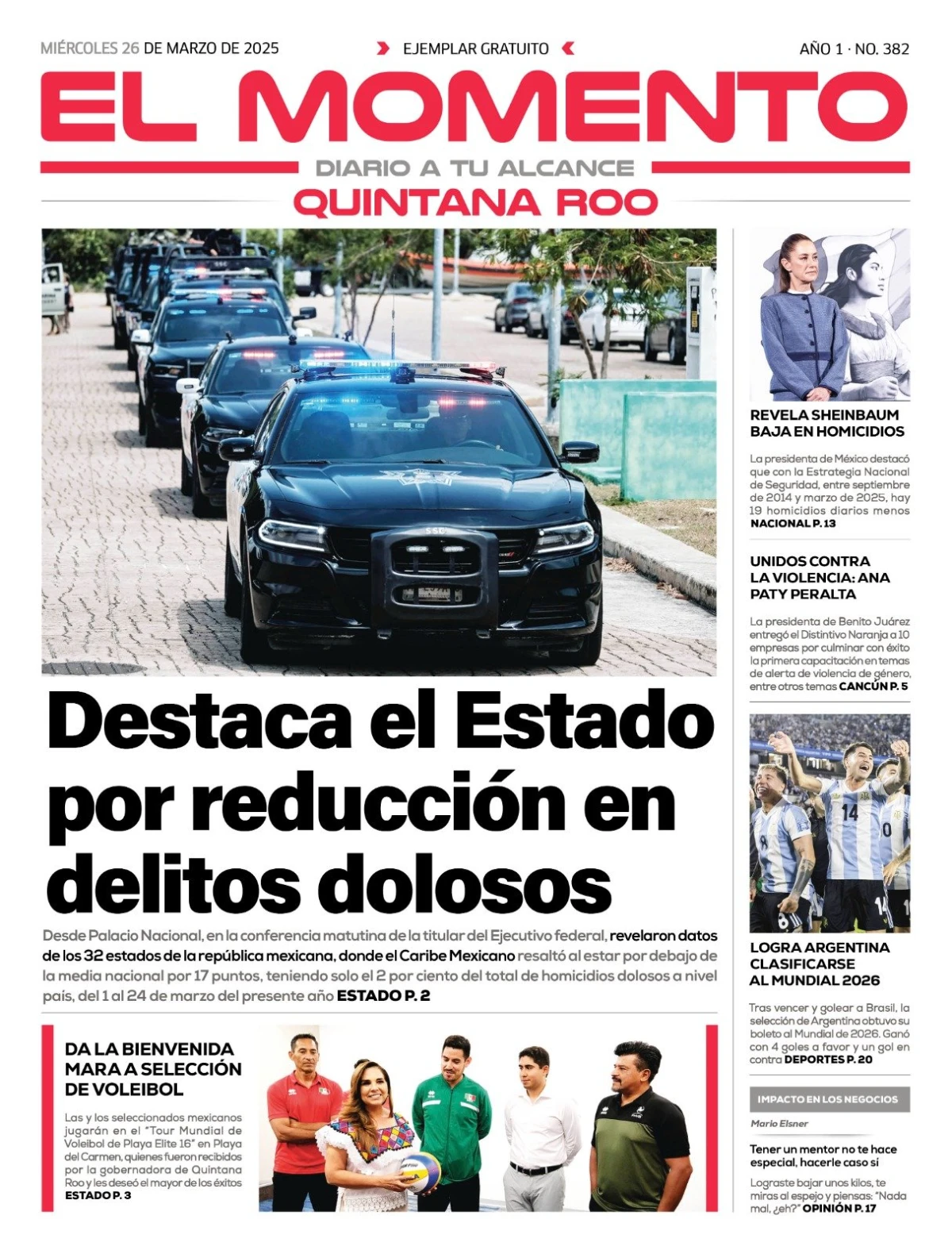 Portada de El Momento Quintana Roo del miércoles, 26 de marzo de 2025