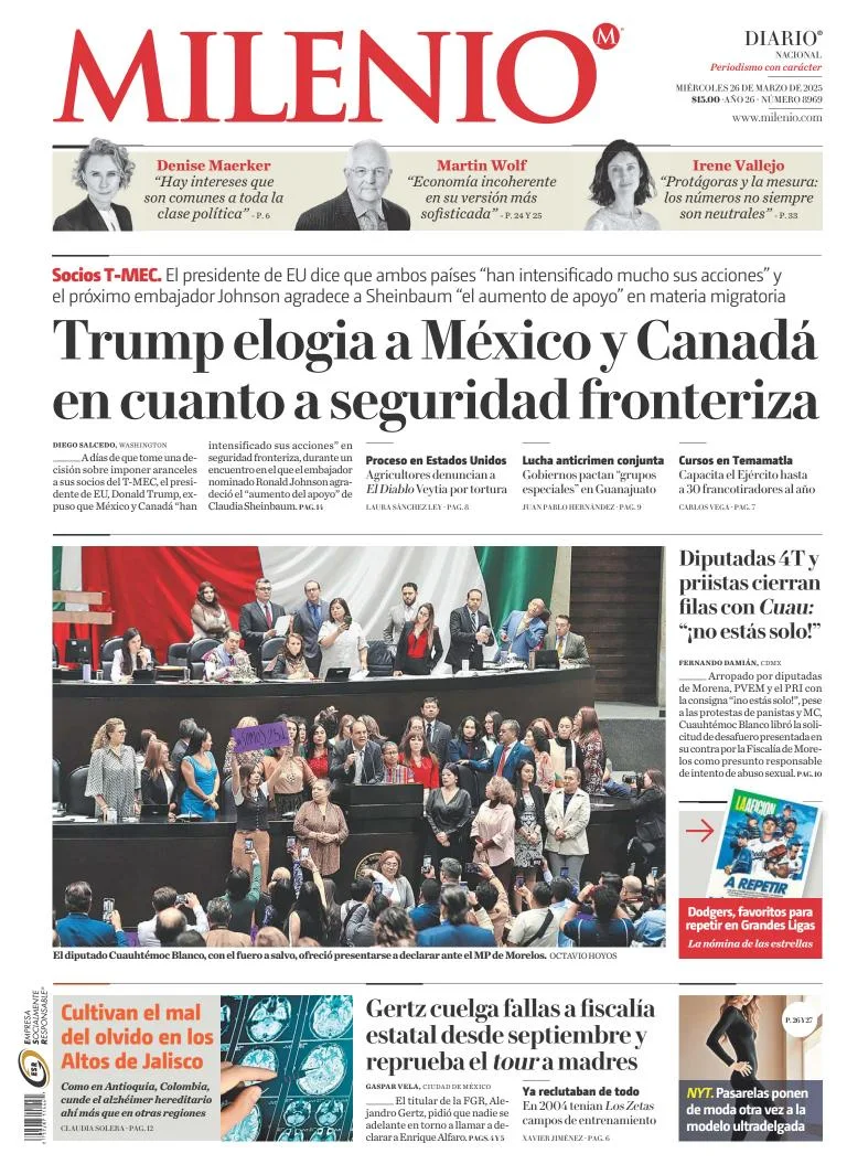 Portada de Milenio del miércoles, 26 de marzo de 2025