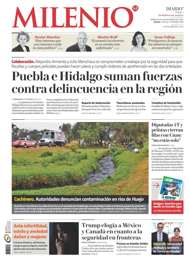 Portada de Milenio Puebla del miércoles, 26 de marzo de 2025