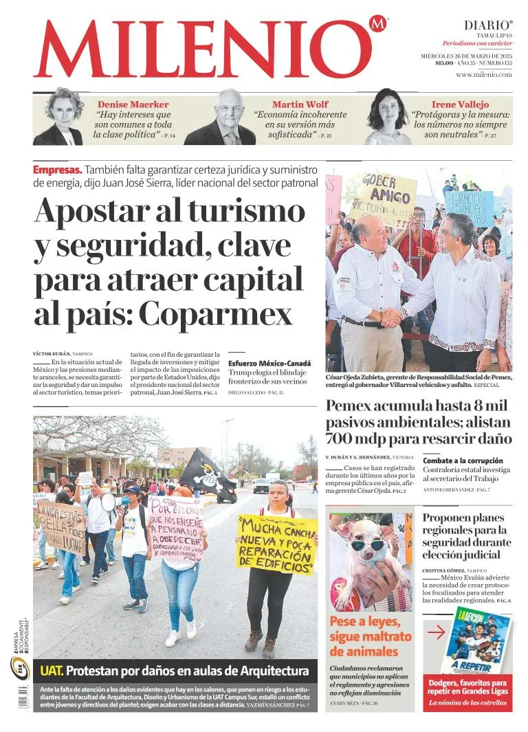 Portada de Milenio Tamaulipas del miércoles, 26 de marzo de 2025