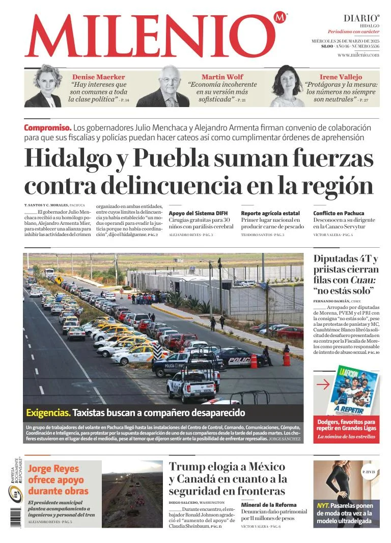 Portada de Milenio Hidalgo del miércoles, 26 de marzo de 2025