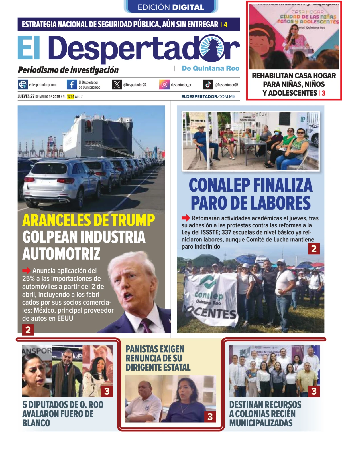 Portada de El Despertador de Quintana Roo del jueves, 27 de marzo de 2025