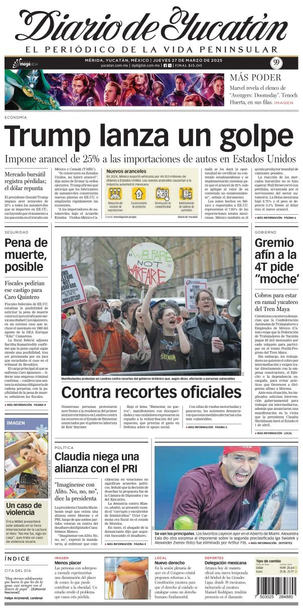 Portada de Diario de Yucatán del jueves, 27 de marzo de 2025