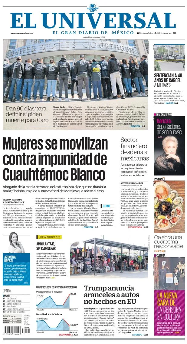 Portada de El Universal del jueves, 27 de marzo de 2025