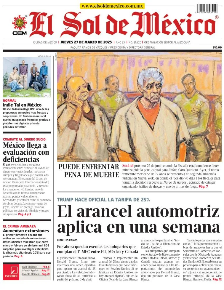 Portada de El Sol de Mexico del jueves, 27 de marzo de 2025
