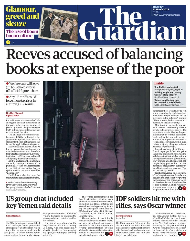 Portada de The Guardian (reino Unido) del jueves, 27 de marzo de 2025