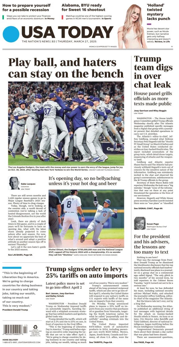 Portada de Usa Today del jueves, 27 de marzo de 2025