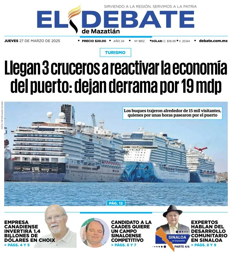 Portada de El Debate de Mazatlan del jueves, 27 de marzo de 2025