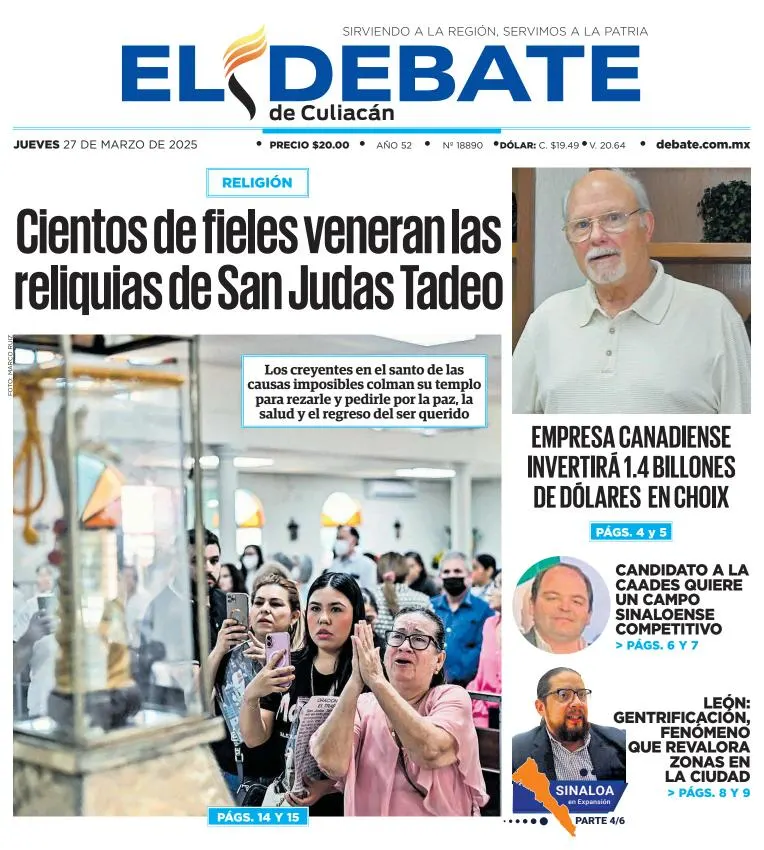 Portada de El Debate de Culiacan del jueves, 27 de marzo de 2025