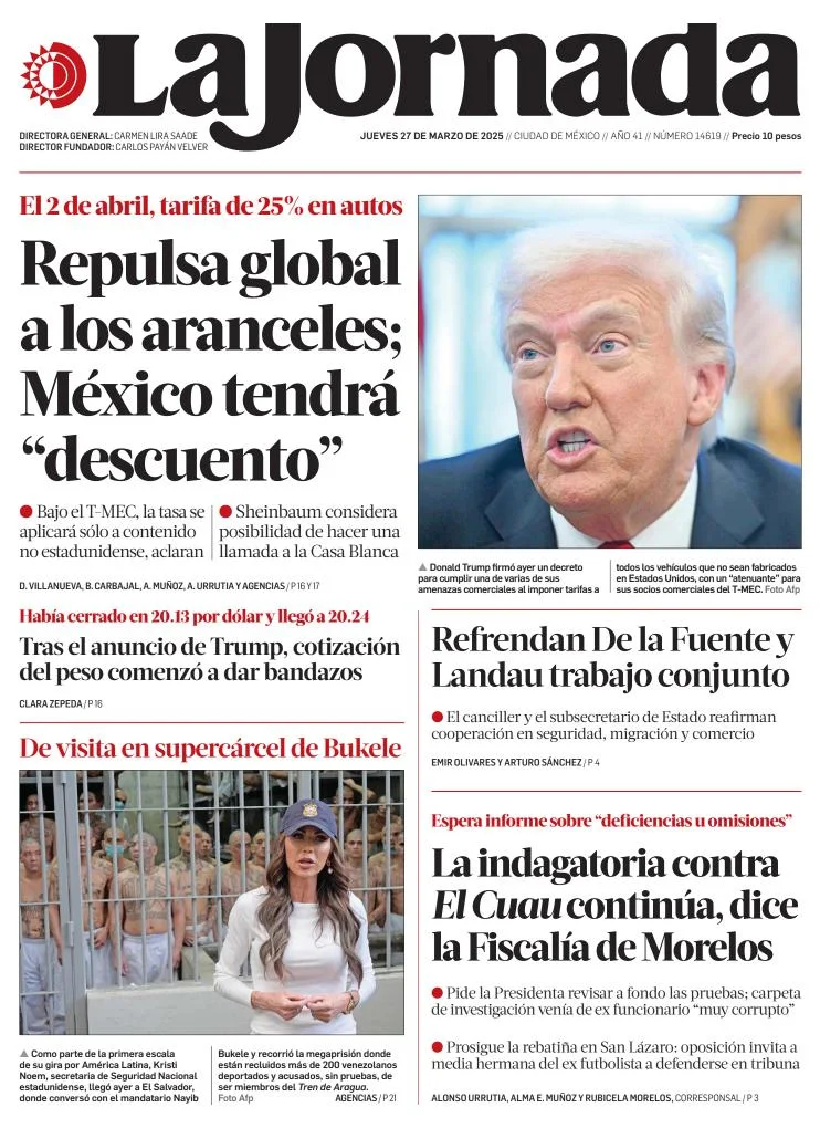 Portada de La Jornada del jueves, 27 de marzo de 2025