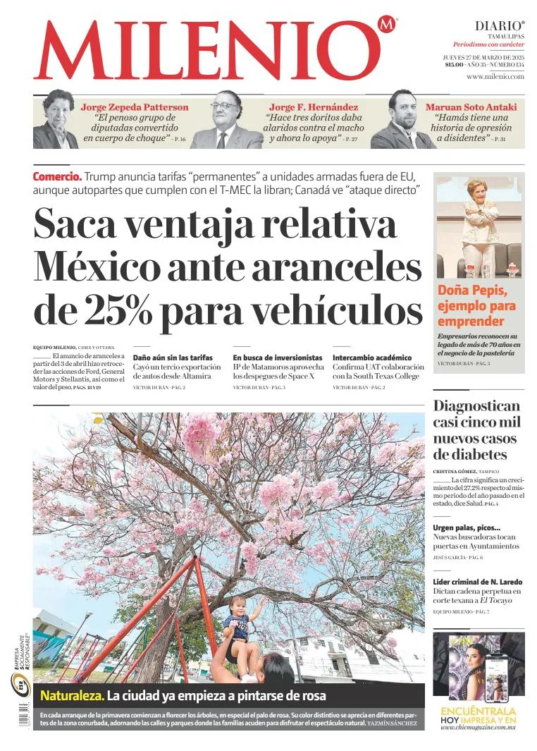 Portada de Milenio Tamaulipas del jueves, 27 de marzo de 2025