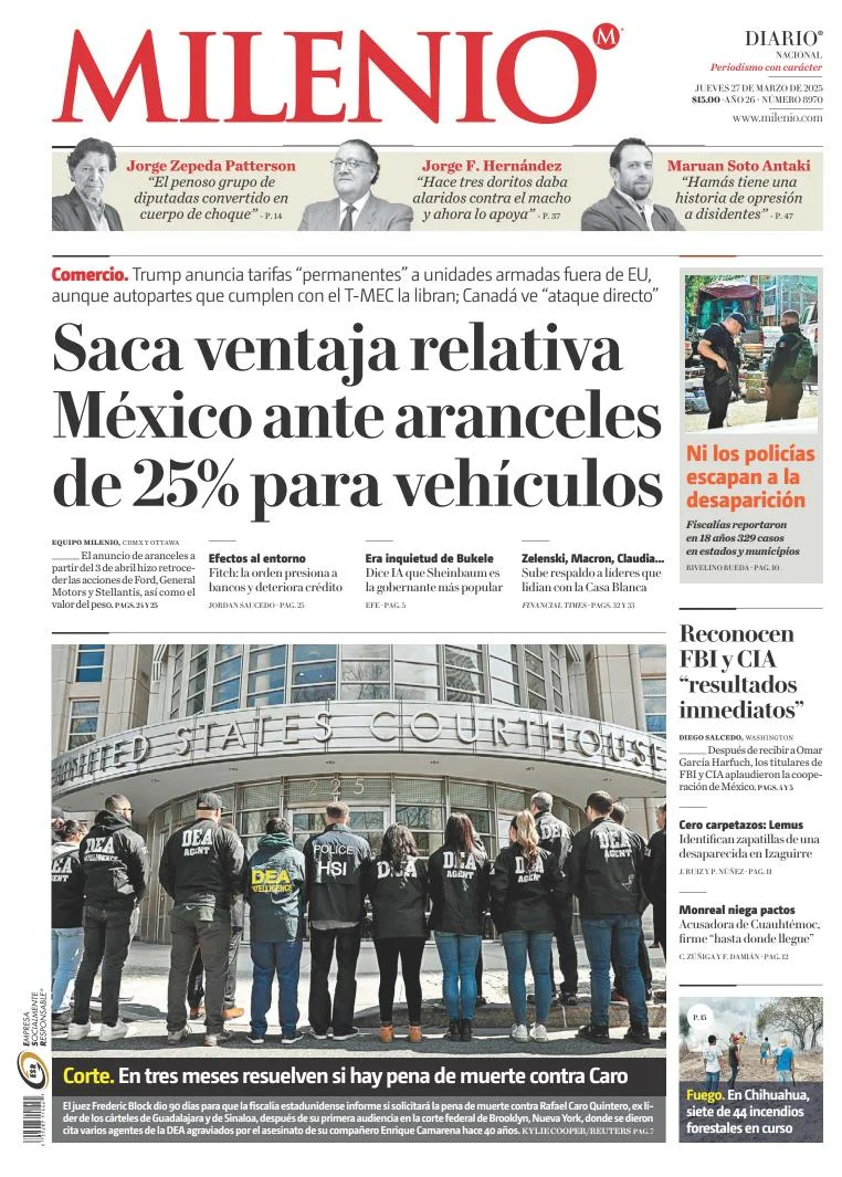 Portada de Milenio del jueves, 27 de marzo de 2025