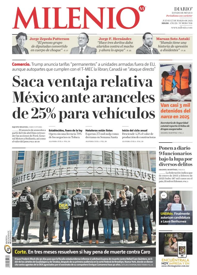 Portada de Milenio Edo de Mexico del jueves, 27 de marzo de 2025