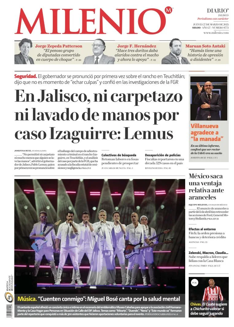 Portada de Milenio Jalisco del jueves, 27 de marzo de 2025