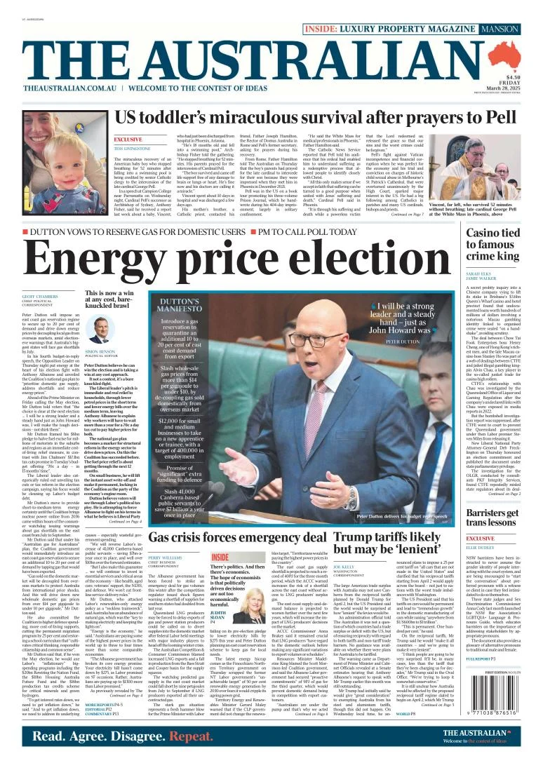 Portada de The Australian del viernes, 28 de marzo de 2025