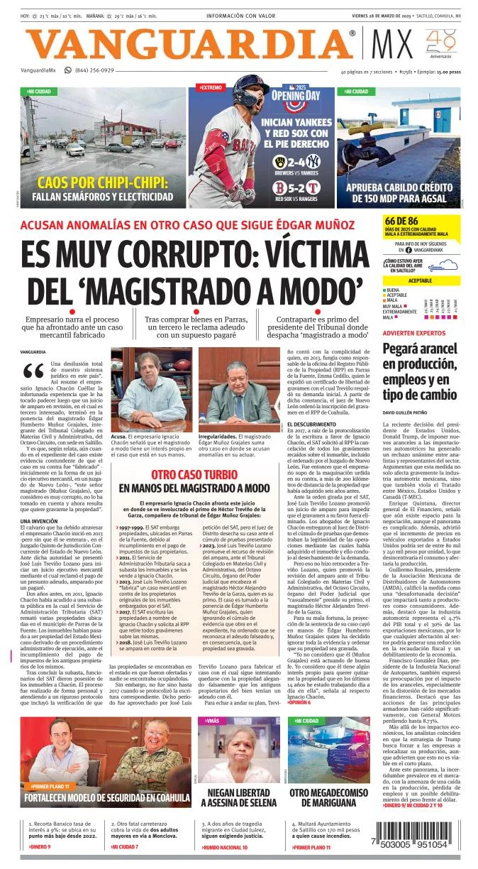 Portada de Vanguardia del viernes, 28 de marzo de 2025