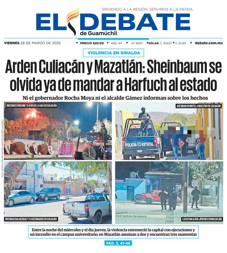 Portada de El Debate de Guamuchil del viernes, 28 de marzo de 2025
