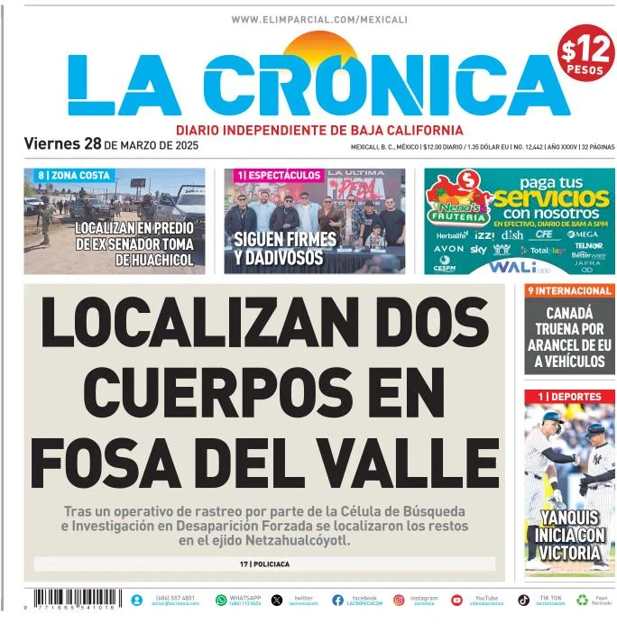 Portada de La Cronica del viernes, 28 de marzo de 2025