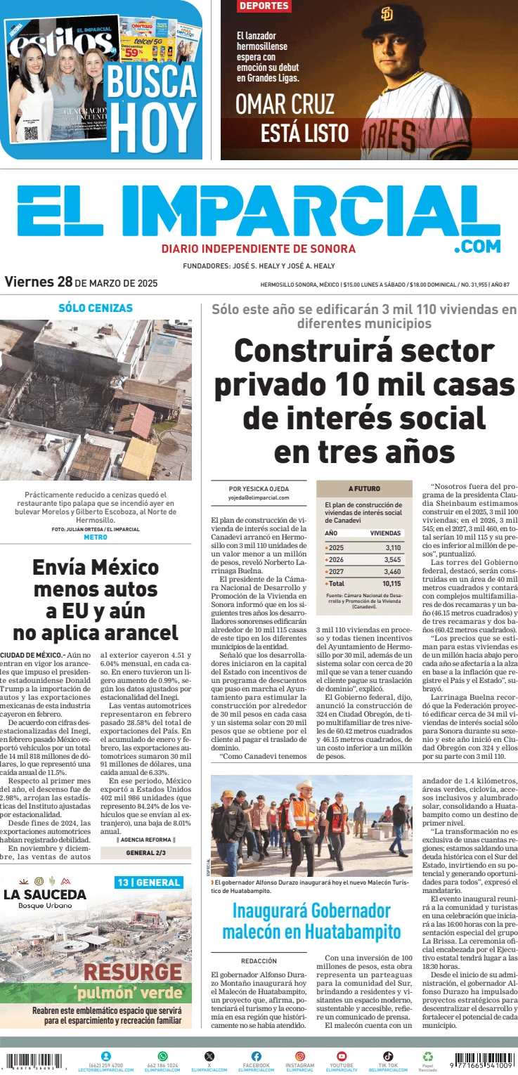 Portada de El Imparcial del viernes, 28 de marzo de 2025