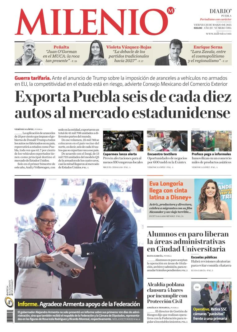 Portada de Milenio Puebla del viernes, 28 de marzo de 2025