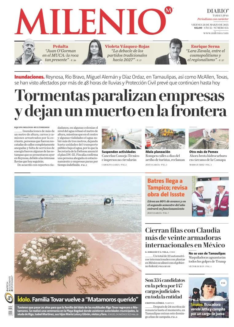 Portada de Milenio Tamaulipas del viernes, 28 de marzo de 2025