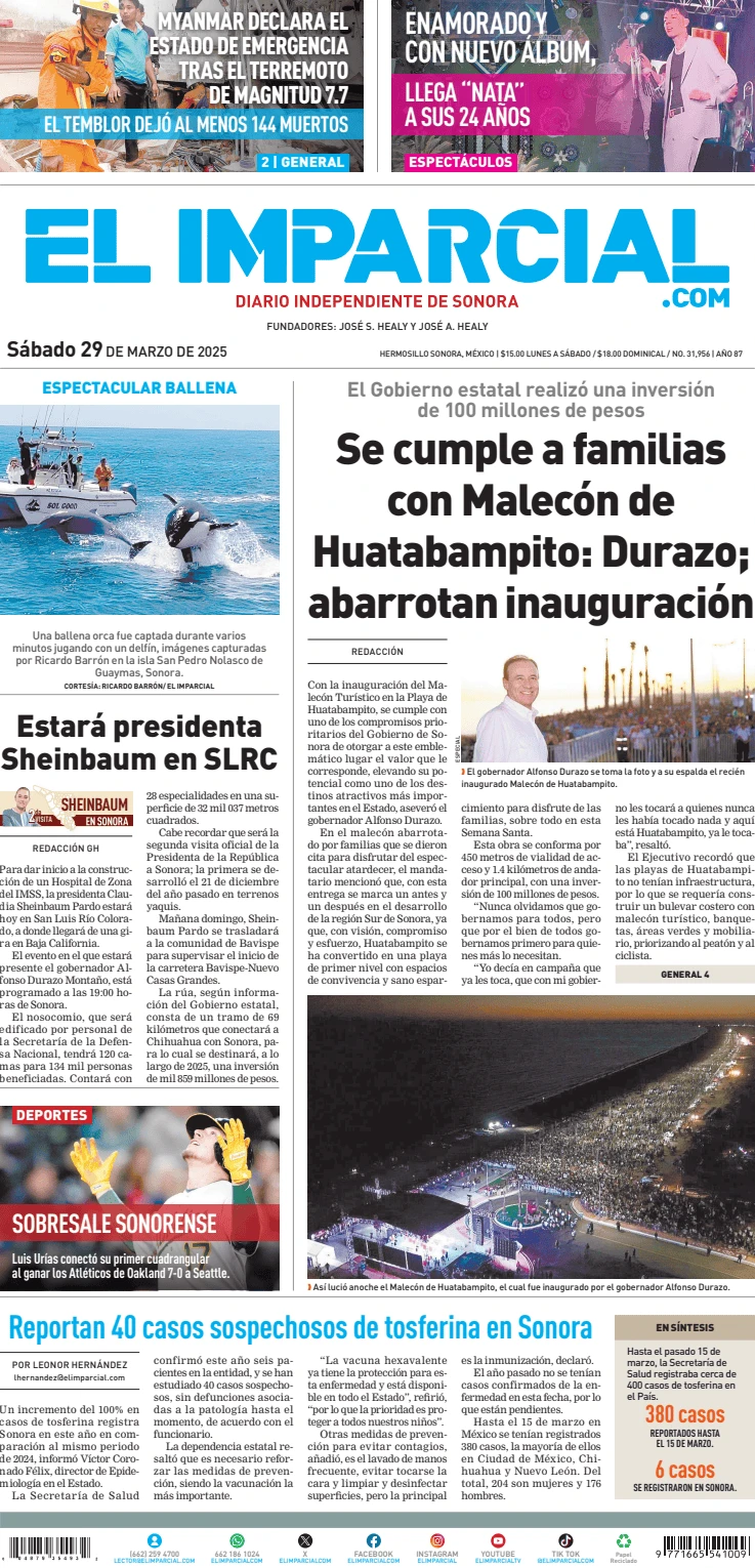 Portada de El Imparcial del sábado, 29 de marzo de 2025