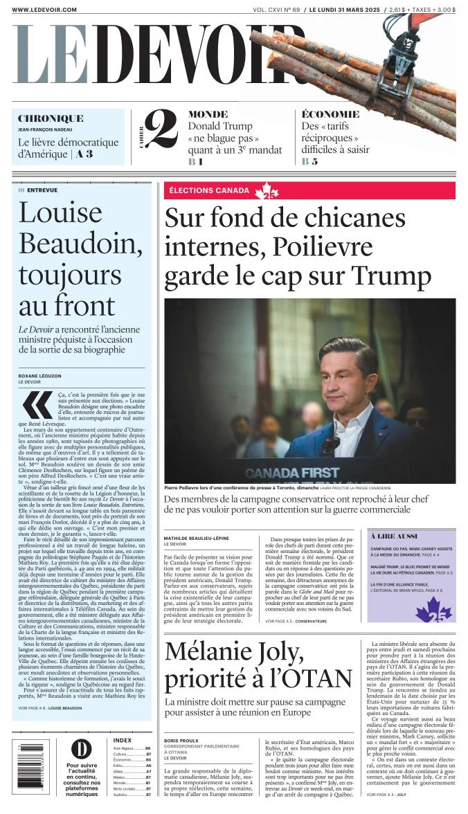 Portada de Le Devoir del lunes, 31 de marzo de 2025