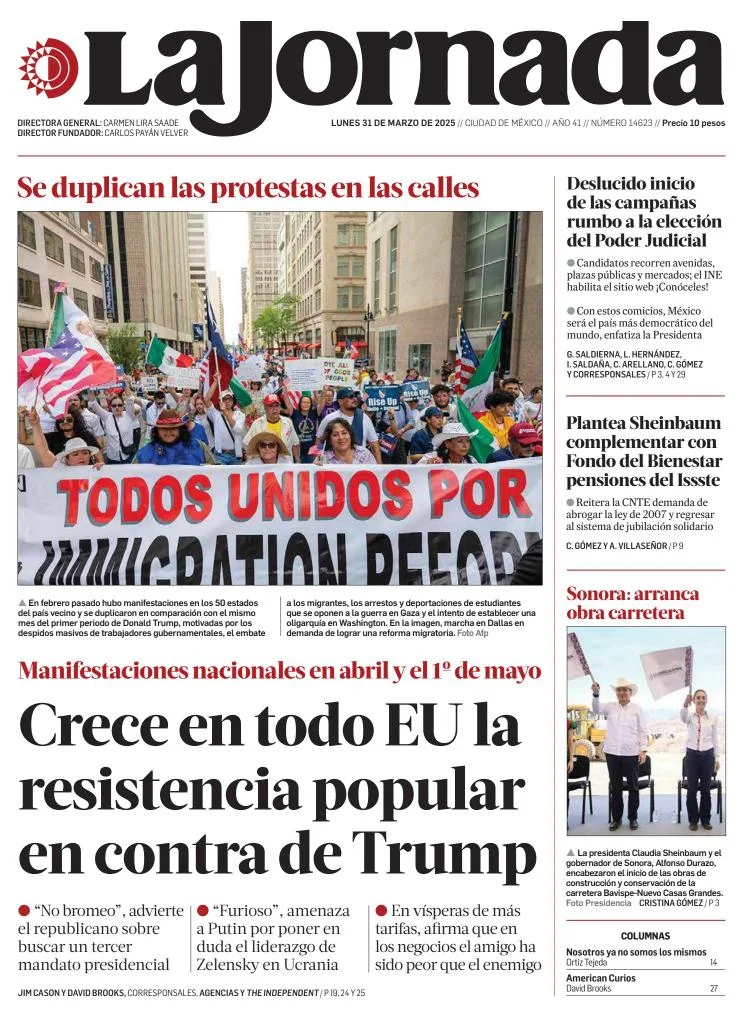 Portada de La Jornada del lunes, 31 de marzo de 2025