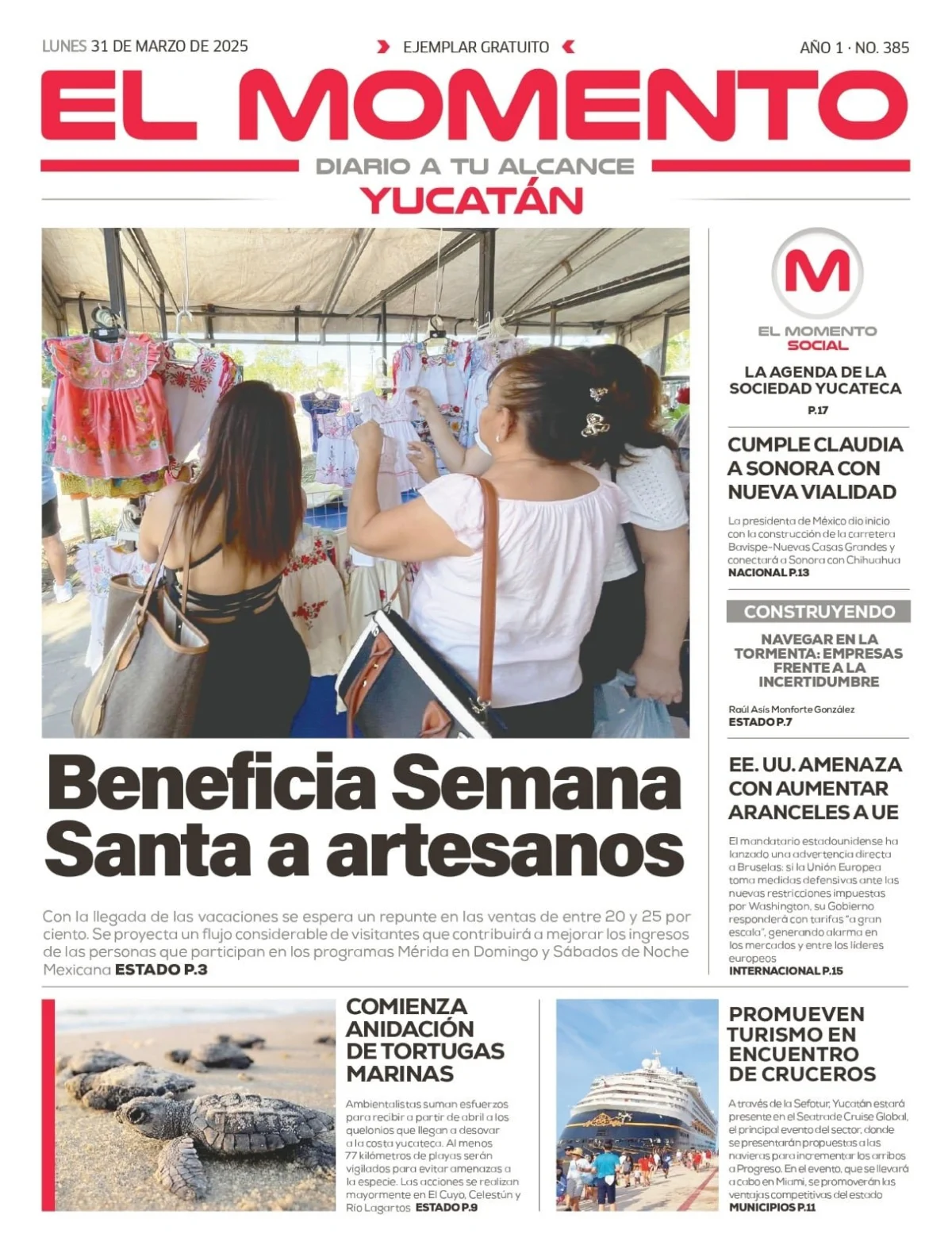 Portada de El Momento Yucatan del lunes, 31 de marzo de 2025