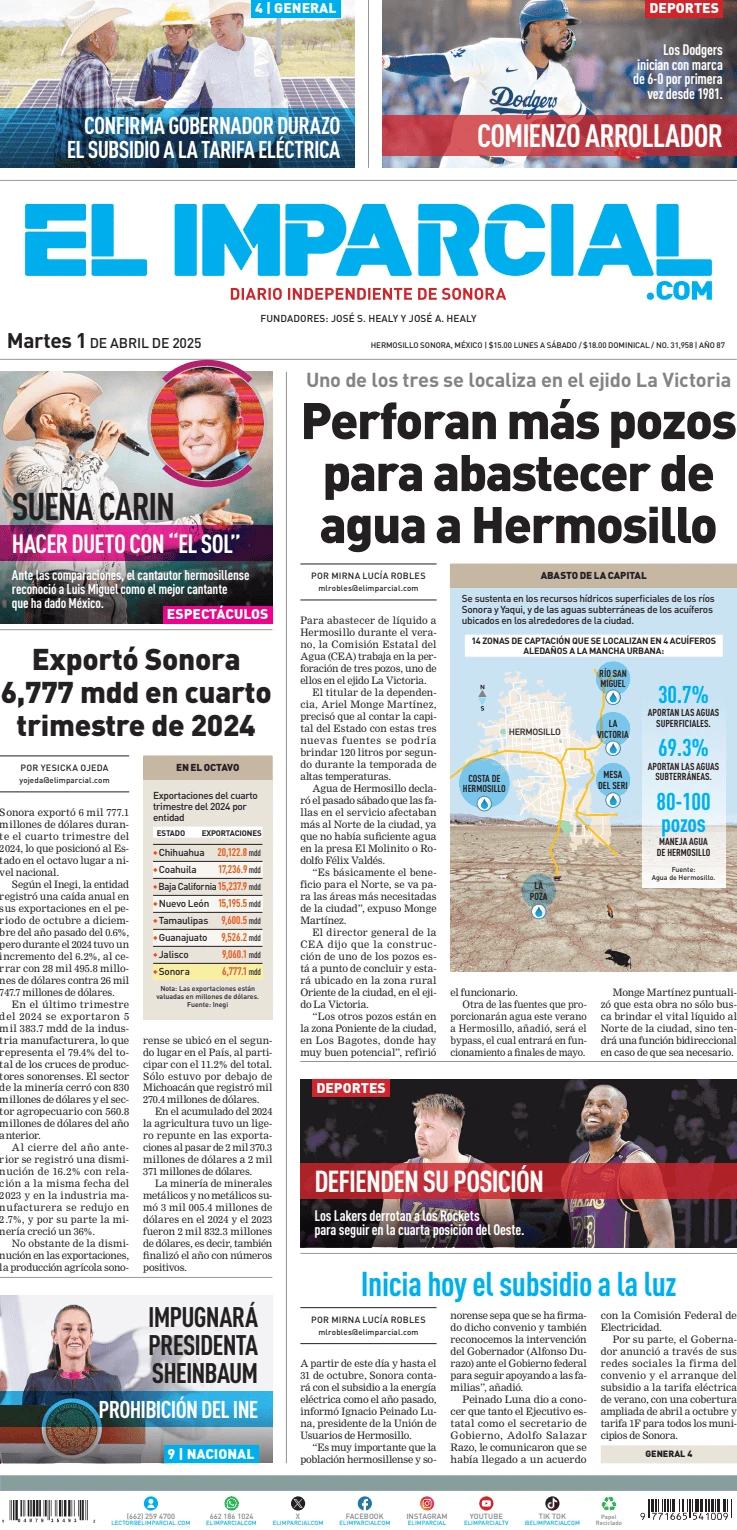 Portada de El Imparcial del martes, 1 de abril de 2025