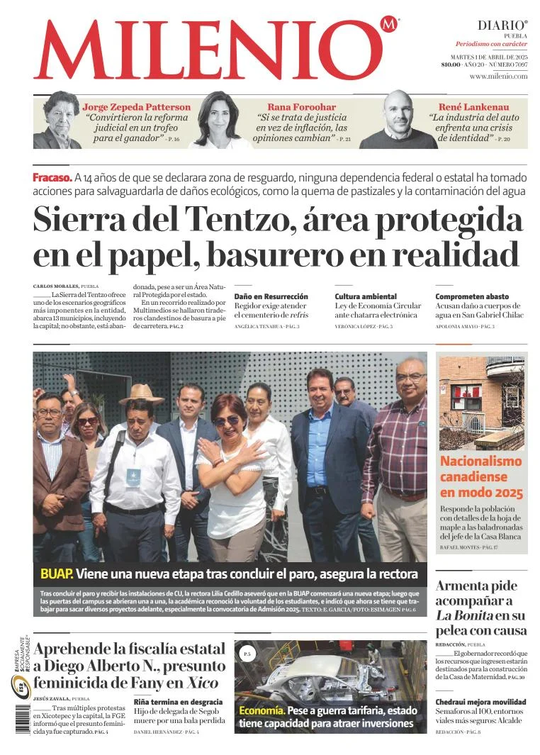 Portada de Milenio Puebla del martes, 1 de abril de 2025