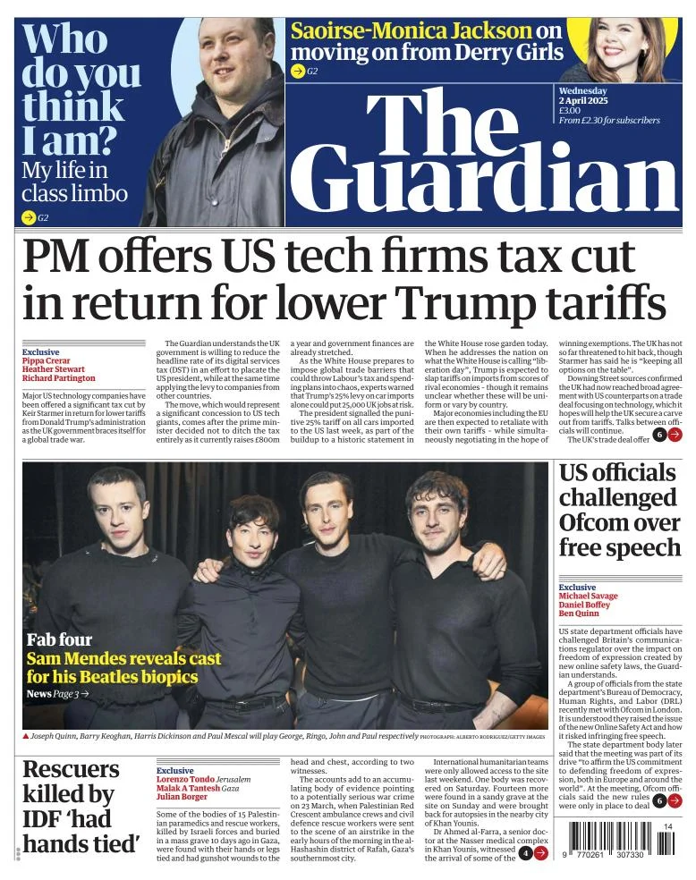 Portada de The Guardian (reino Unido)