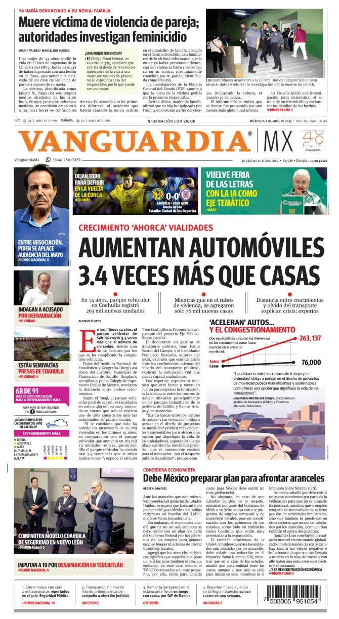 Portada de Vanguardia del miércoles, 2 de abril de 2025