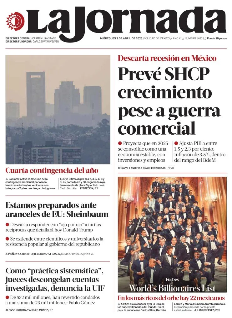 Portada de La Jornada del miércoles, 2 de abril de 2025
