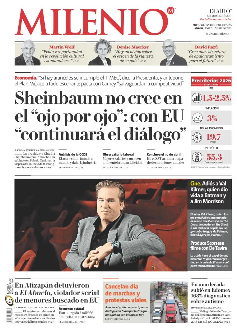 Portada de Milenio Edo de Mexico del miércoles, 2 de abril de 2025