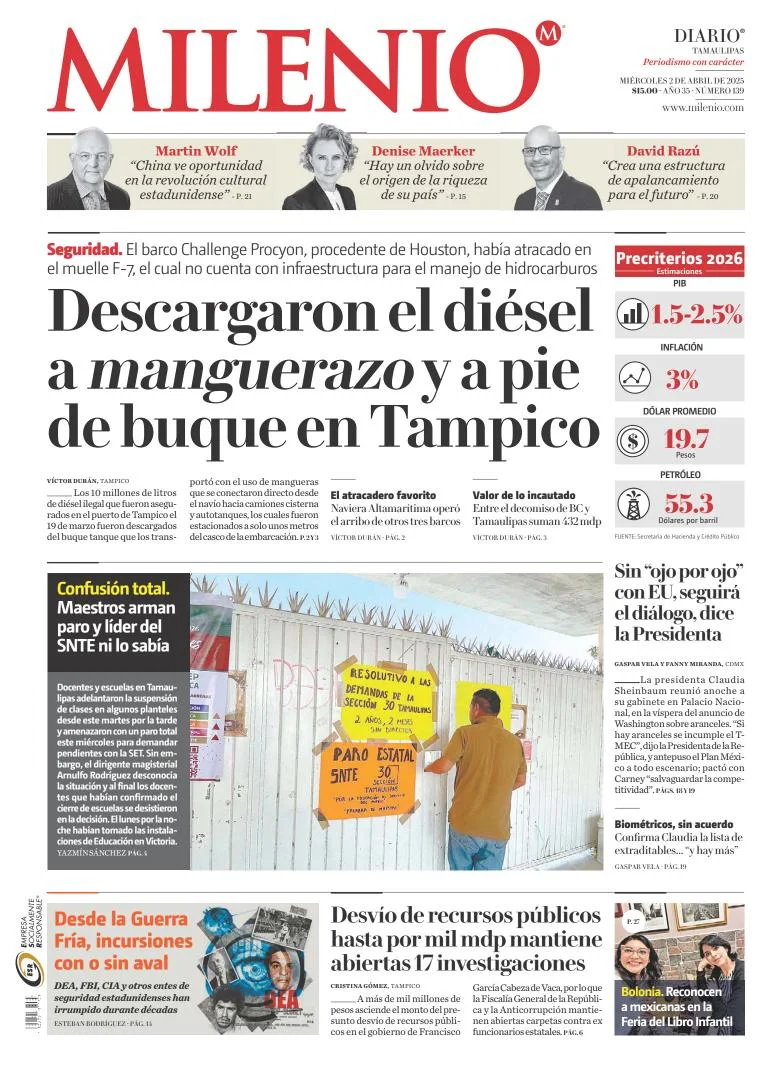 Portada de Milenio Tamaulipas del miércoles, 2 de abril de 2025