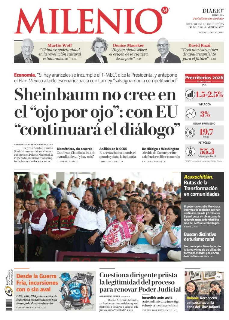 Portada de Milenio Hidalgo del miércoles, 2 de abril de 2025
