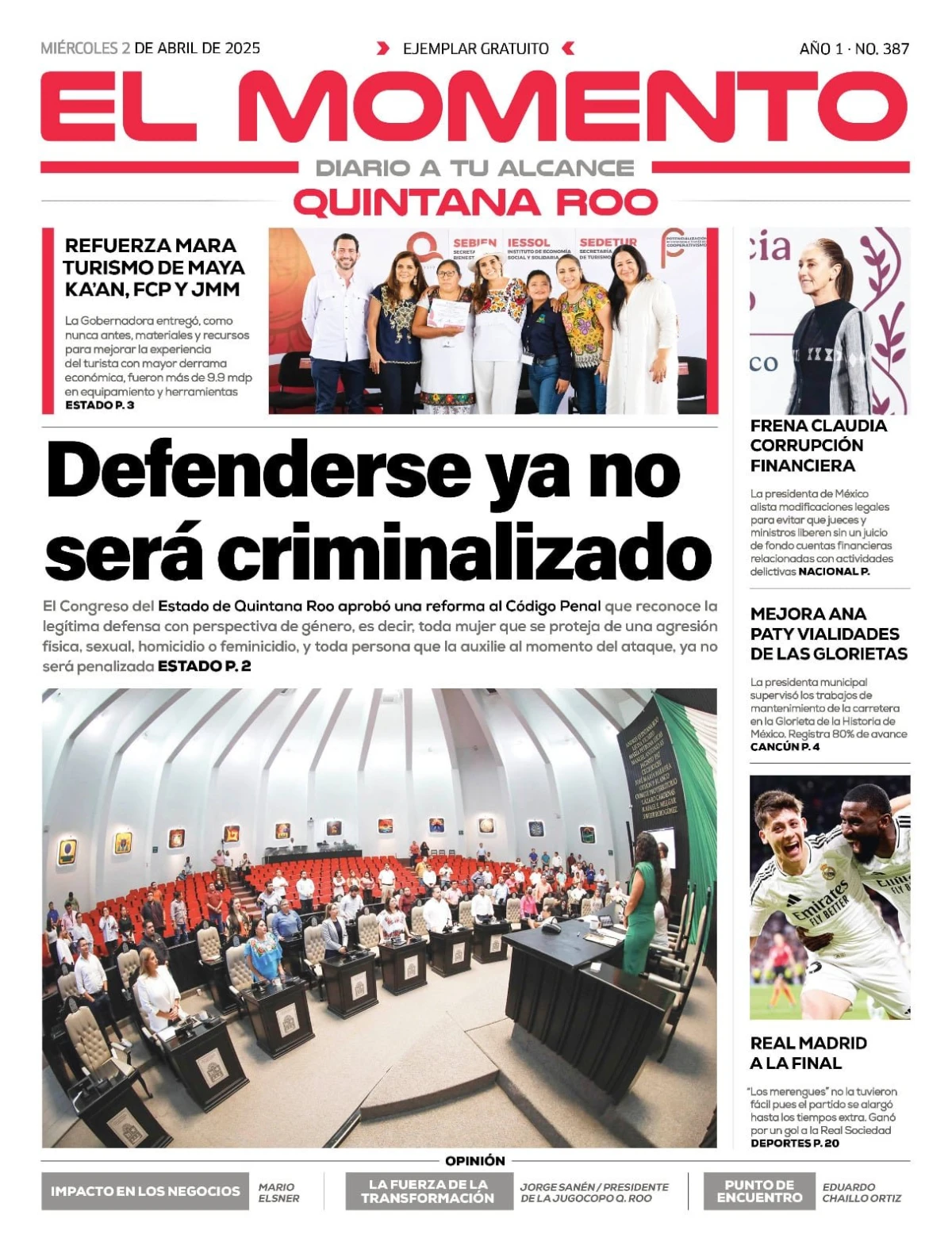 Portada de El Momento Quintana Roo del miércoles, 2 de abril de 2025