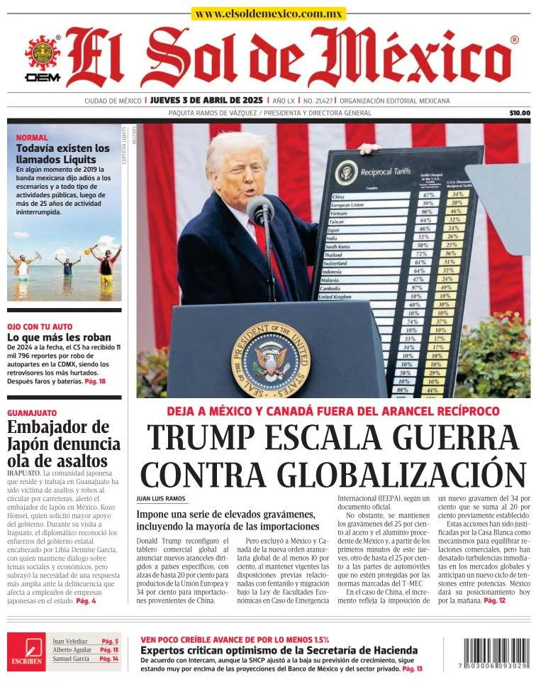 Portada de El Sol de Mexico del jueves, 3 de abril de 2025