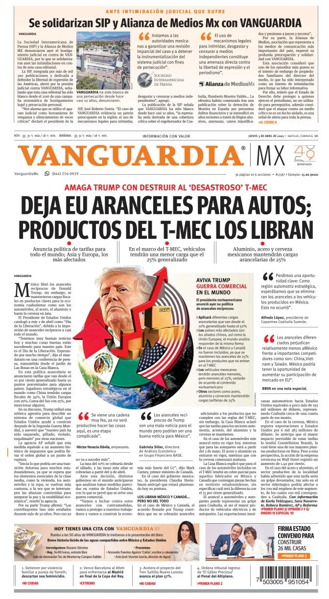 Portada de Vanguardia del jueves, 3 de abril de 2025