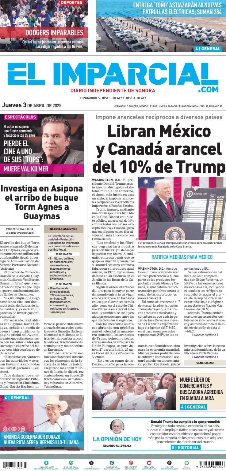 Portada de El Imparcial del jueves, 3 de abril de 2025
