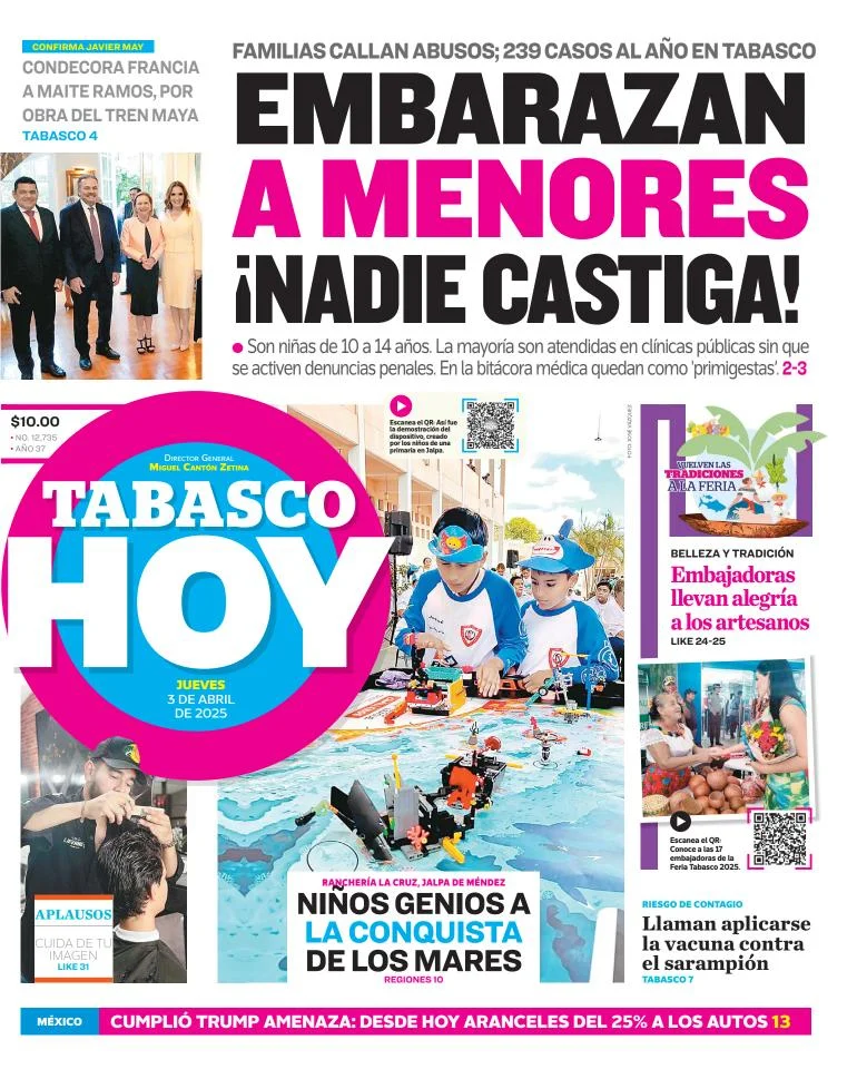Portada de Tabasco Hoy del jueves, 3 de abril de 2025